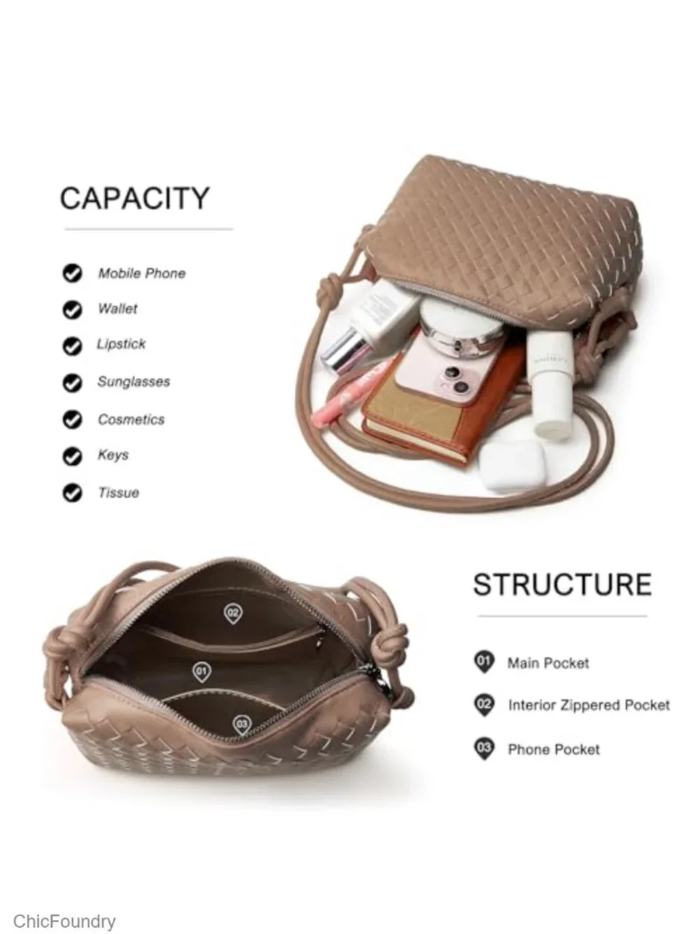 Handwoven Vegan Leather Crossbody Bag with Zipper, Lightweight, Daily Use Purse